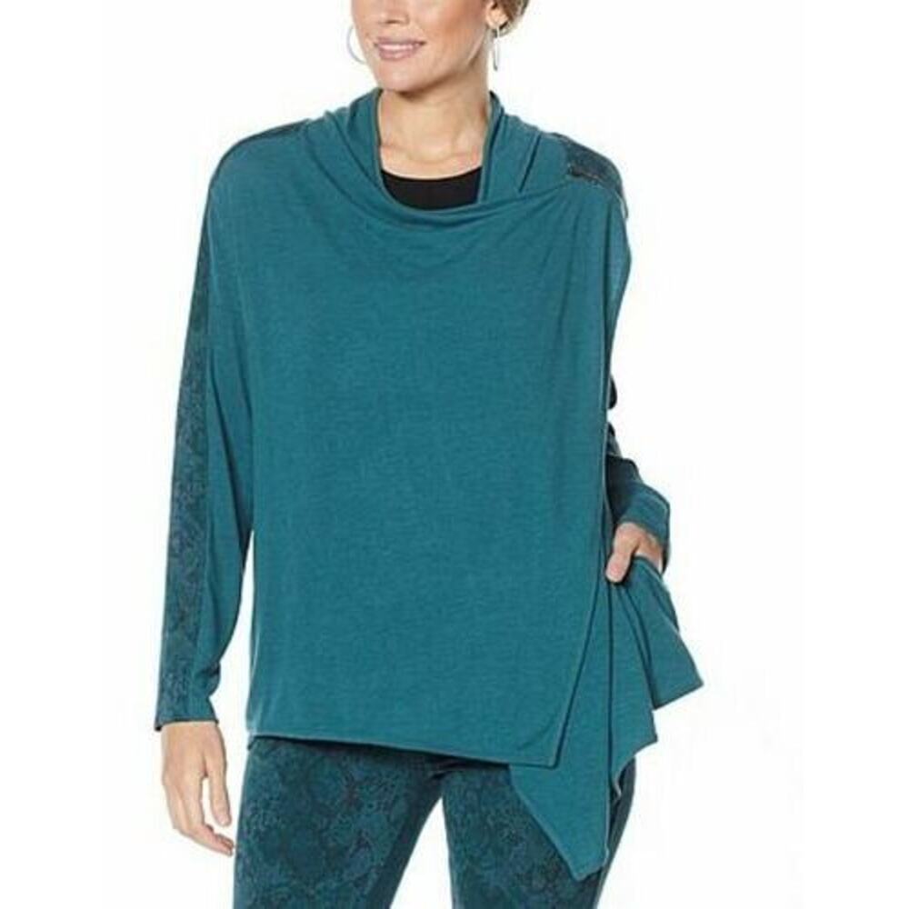 DG2 Diane Gilman Teal‎ Green Snake Knit Drape-Front Easy Jacket Dark Teal 1X
